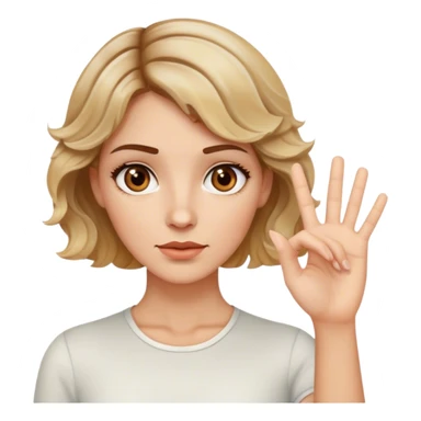 white woman, with brown eyes, brown short wavy hair with blonde highlights. Saying stop with hand gesture sticker