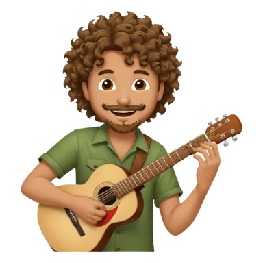 Generate a dude with curly hair and a shitty goatee who is high on marijuana playing the guitar and twisting a strand of his hair sticker