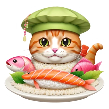 cat wearing a sushi hat with rice base, multiple fish pieces on top, wasabi accent, pink ginger slices, and lots of soy sauce heavily dripping down the sides sticker