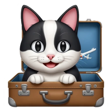 Lachende scwarz weiße Katze verreist mit koffer und flugzeug sticker