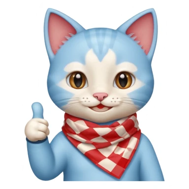 A Baby Blue Cat smiling and giving thumbs up, wearing red Checkered Triangle scarf sticker
