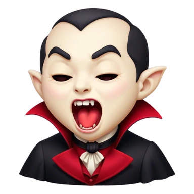 Cinematic Cute Yawning Vampire Portrait Emoji, with a small, rounded, charming pale face accented with tiny playful fangs and droopy, half-closed eyes, head tilted in an adorable wide yawn, dressed in miniature elegant dark attire with a hint of crimson, simplified yet irresistibly endearing, highly detailed with a soft, mysterious glow and gentle outline that captures the cute, drowsy side of an immortal! sticker