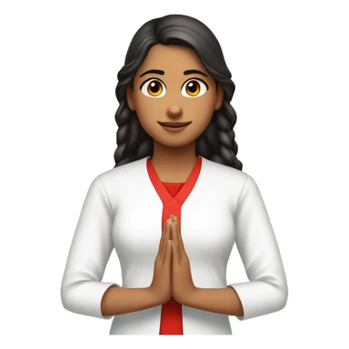 A teenage girl wearing plain white v  neck , elbow length sleeves kurty, with no designs . She is also wearing red plain modi jacket with red buttons. She is joining her hands a praying  sticker