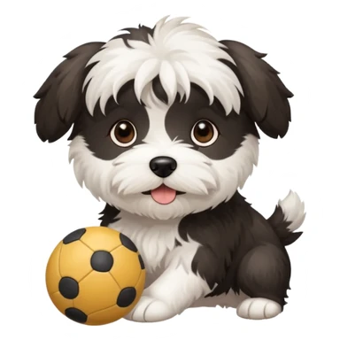 white Havenese with black spots dog standing with small ball sticker