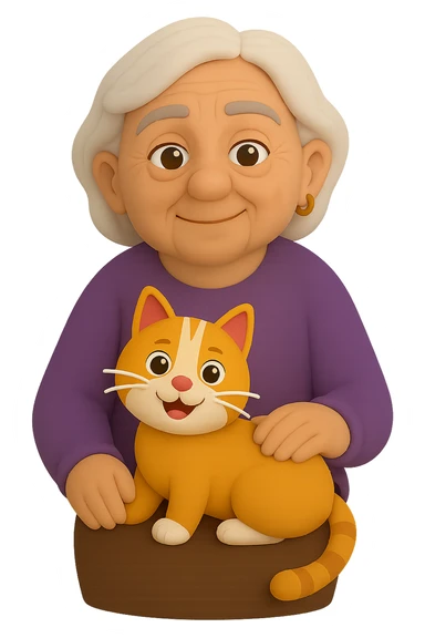 Create more poses of the grandmother holding the cat in Microsoft style 3D fluent emojis. Show different arm positions, with the cat sitting on her lap or on her shoulder. No background, transparent. sticker