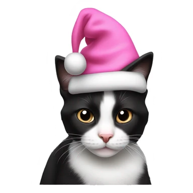 cute little black and white tuxedo cat wearing a pink and white santa claus hat sticker