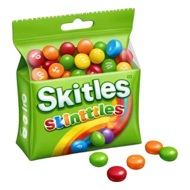 A very colorful Skittles candy package in bright rainbow colors, partially open with only green Skittles visible inside and a few green candies next to it. sticker