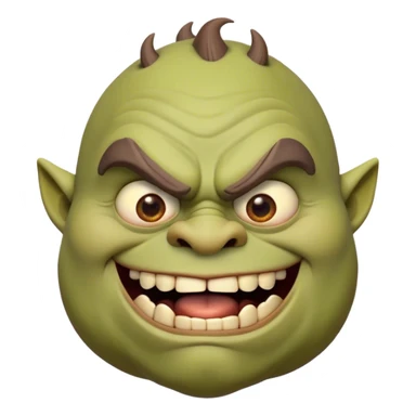 Cinematic Comical Ogre Portrait Emoji, with a strikingly exaggerated, bulky figure in vivid earthy greens and browns, head tilted in a dramatically surprised expression with wide, comically bulging eyes and a goofy, oversized grin, simplified yet hilariously exaggerated, highly detailed with a soft, cartoonish glowing outline capturing the playful absurdity of a meme-worthy ogre! sticker