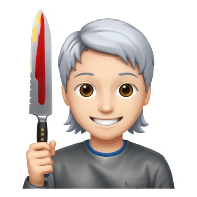 Smiling, holding a knife sticker