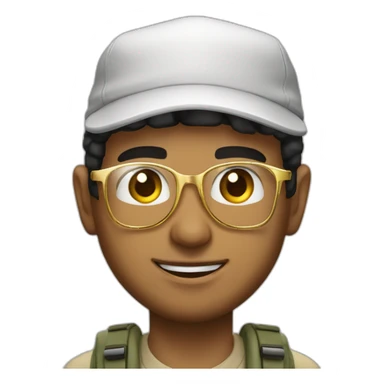 young arab man no beard with fishing bob hat, clear gold glasses and pro camera sticker