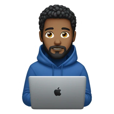 black hair white man with a beard  typing on apple computer wearing a dark blue nike hoodie sticker