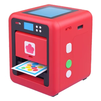 3D box resembling a classic Etch A Sketch with a red frame, white knobs, and glass screen, top designed as a printer actively printing colorful stickers, stickers visible emerging from the printer top, playful, nostalgic, tech-forward sticker