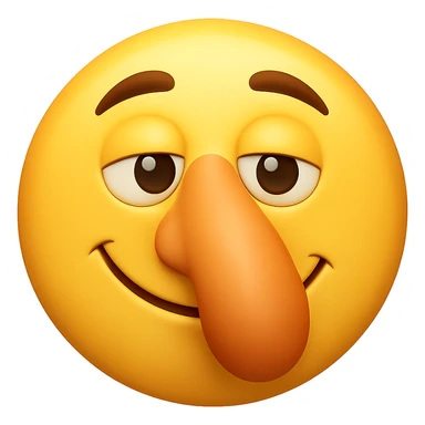Create a yellow smiley face emoji with a large nose and the same facial expression as the reference image. The style should be 3D iOS emoji style, capturing the exact look and feel of the original emoji. sticker