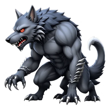 cinematic-noble-fierce-werewolf-on all fours-emoji, poised-and-imposing, with a tall, lean, and muscular wolfish frame inspired by the brutal, imposing shape of the beast from Berserk, fur rippling in shades of midnight black and silver, massive paws with razor-sharp claws, elongated limbs and fangs, eyes glowing with an intense, primal ferocity, reflecting the untamed power of the wild moonlit night; rendered with realism sticker