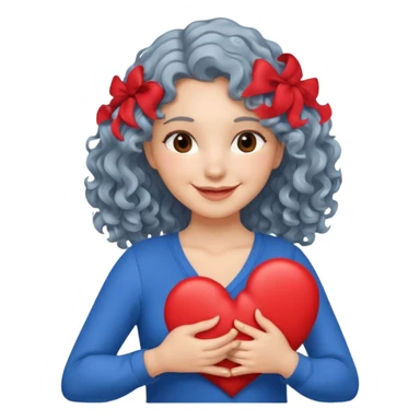 silver, wavy/curly hair chin-length lady giving hug with 2 arms, blue v-neck and smilingm add a heart sticker
