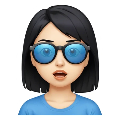 A girl with black bob hair with pony, wearing black sunglasses，funny(0.5) face (0.5)，wacky expression, a blue t-shirt. sticker
