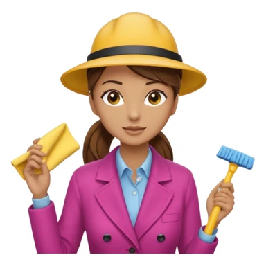 A cleaning Lady with Brown hair, high ponytail and yellow cleaning gloths is Talking to a Detektive with beige had, a beige coap and he is interviewing the cleaning Lady sticker