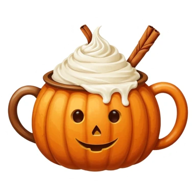 Round pumpkin-shaped mug with whipped cream swirl and one cinnamon stick, warm orange and cream tones. sticker