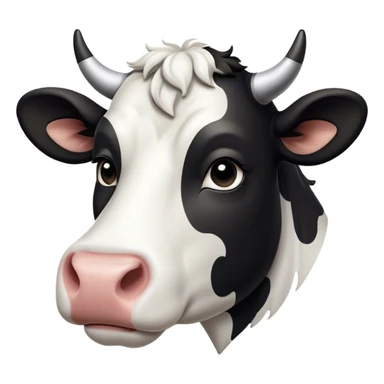 Cinematic Noble Black and White Cow Portrait Emoji, Poised and regal, with a large, sturdy build and a striking, well-groomed coat of pure black accented by crisp white patches, deep-set soulful brown eyes, Simplified yet sharp and sophisticated features, highly detailed, glowing with a soft, dignified glow, high shine, intelligent and calm, stylized with an air of modern elegance, focused and attentive, soft glowing outline, capturing the essence of a watchful and confident bovine guardian, so majestic it feels as though it could stride out of the screen with effortless authority! sticker