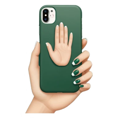 female hand with nude manicure (5 fingers) holding a white iPhone in a dark green case, minimalism, side view, emoji style sticker