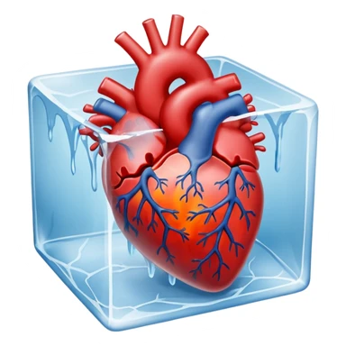 A realistic human heart completely frozen, trapped inside a clear ice cube sticker