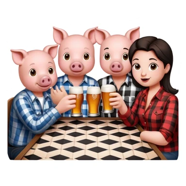 a group of friends sitting at a black and white checkered table holding beers and wearing pig noses  sticker