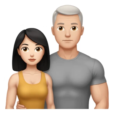 white dad with short buzzed fade brunette, 35 years old and muscular. standing net to asian whife with long black hair and big brown eyes.   sticker