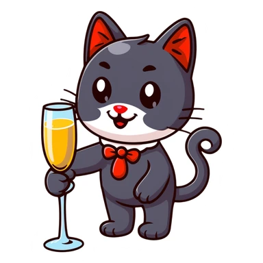 black cat with a red clown nose and a glass of champagne in its paw, playful and festive sticker
