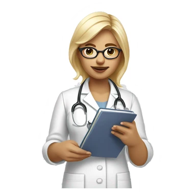 Administrator of the reproductive health office, a girl with blonde hair, wearing glasses with notebooks and a phone in her hands. In a white medical gown sticker
