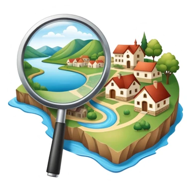 An icon featuring a magnifying glass over a local map, with a small village, traditional house, and natural landmarks like a river and hill, symbolizing local history and geography. Transparent background highlights the study of native land, culture, and heritage. sticker