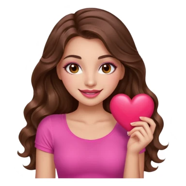 girl with long wavy brown hair, brown eyes, long lashes makeup, sexy pink lips, light to medium complexion, wearing a pink sexy top, smiling, holding a big heart sticker