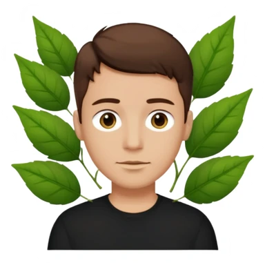 Man with very short brown hair wearing a black shirt with green leaves on sticker