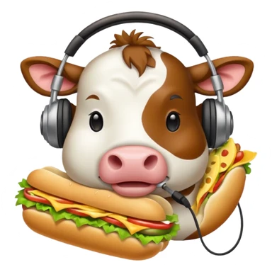 cow with headphones eating a sub sandwich, apple emoji style sticker