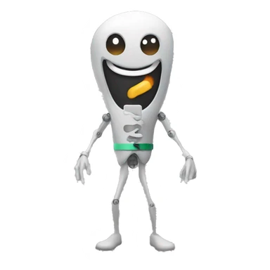 A sentient vape with arms legs and a face sticker