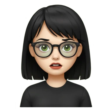 A zombie girl in Apple Memoji format with straight black hair with bangs, wearing a black shirt and black glasses sticker