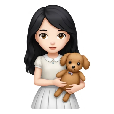 beautiful girl with long straight black hair wearing a white skirt holding a small brown curly teddy dog sticker