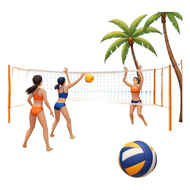 A volleyball resting on the orange sand of a beach, with a volleyball net in the background. The scene includes a beautiful beach landscape with blue sea, sky, and palm trees, while a couple of women in swimsuits play in the distance, capturing the relaxed yet competitive vibe of beach volleyball. sticker