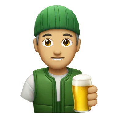 una persona con un chaleco verde y el logo de LA ONCE bebiendo una cerveza sticker