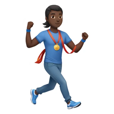 friendly anthropomorphised black stallion in jeans and a t-shirt, jogging upright in standard pose, holding a medal sticker