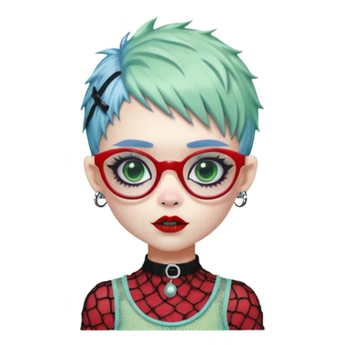 White hair, Ghoulia yelps monster high doll in scene/emo style cherry print dress with fishnet sleeves, clothes, thin, small, red, rectangle glasses, pale white-blue skin, pale-green shaggy pixie-cut , zombie scars , boy, punk choker sticker