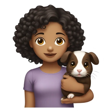 Little light skin girl with black curly hair holding a brown and dark brown Guinea pig sticker