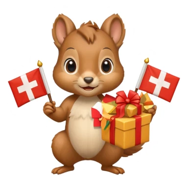 squirrel holding a gift in one hand and a Swiss flag in the other hand, cheerful expression sticker