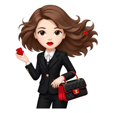 White girl with brown long hair dressed up in black chanel tweed suit with a red chanel bag and red lipstick. Close up with wind blowing her hair looking fancy sticker
