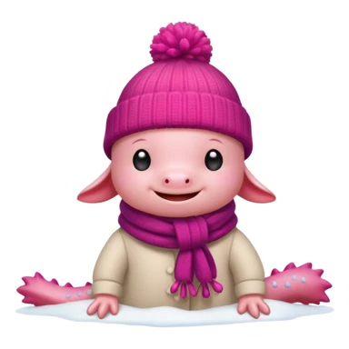 Axolotl playing in snow with winter clothes. sticker