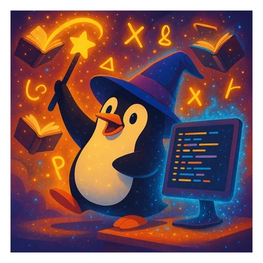 Make the penguin wizard scene even more magical, with glowing runes, swirling sparkles, floating spellbooks, and a shimmering aura around the penguin and computer screen. Enhance the magical atmosphere with vibrant mystical effects. sticker