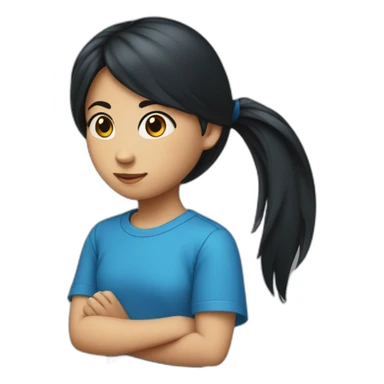 A 11 year old girl wearing a blue t shirt with long black hair which is tied in a pony tail sticker