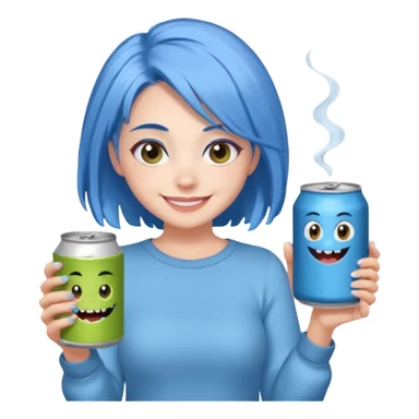 Chibi sticker of a woman with powder blue hair, lower back length, with white eyes hold a can of Monster with a smug smile; cozy cartoon style sticker