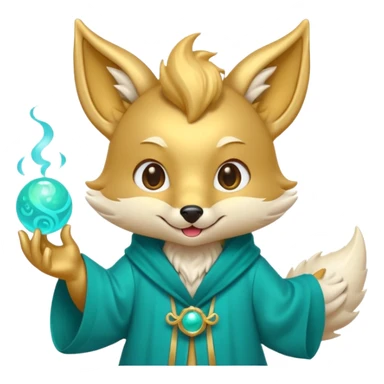 Cute chibi teal fox-dragon emoji with small antler horns, playful face with tongue out, swirl eyebrows, gold forehead mark, teal-gold robe, holding glowing blue orbs, soft pastel vector style. sticker