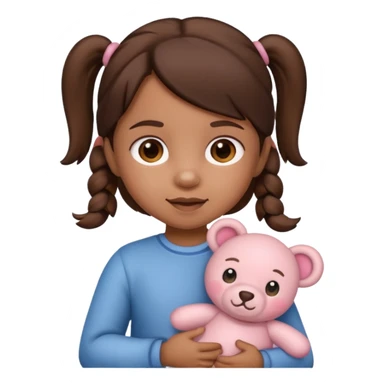 Toddler emoji with two pigtails dark brown hair holding stuff sticker