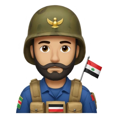 A tired and sad, swarthy Iraqi soldier with a beard, an Iraqi flag on his helmet, a sad expression and bags under his eyes sticker